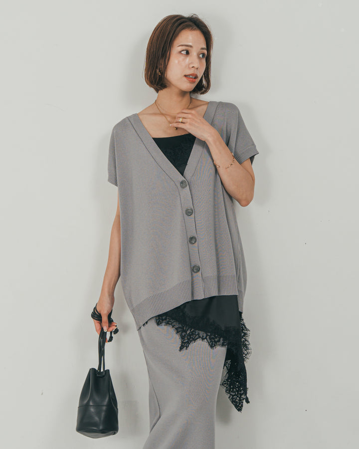 ［SET］VネックRelaxニットベスト + サテンアシメ レースキャミ + Relax Knit ストレートスカート（3SET）