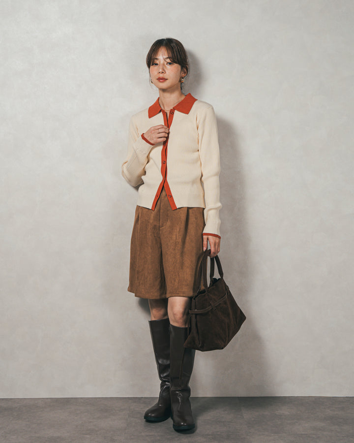 ［SET］バイカラー襟付きニットトップス+スウェードライクハーフパンツ（2SET）