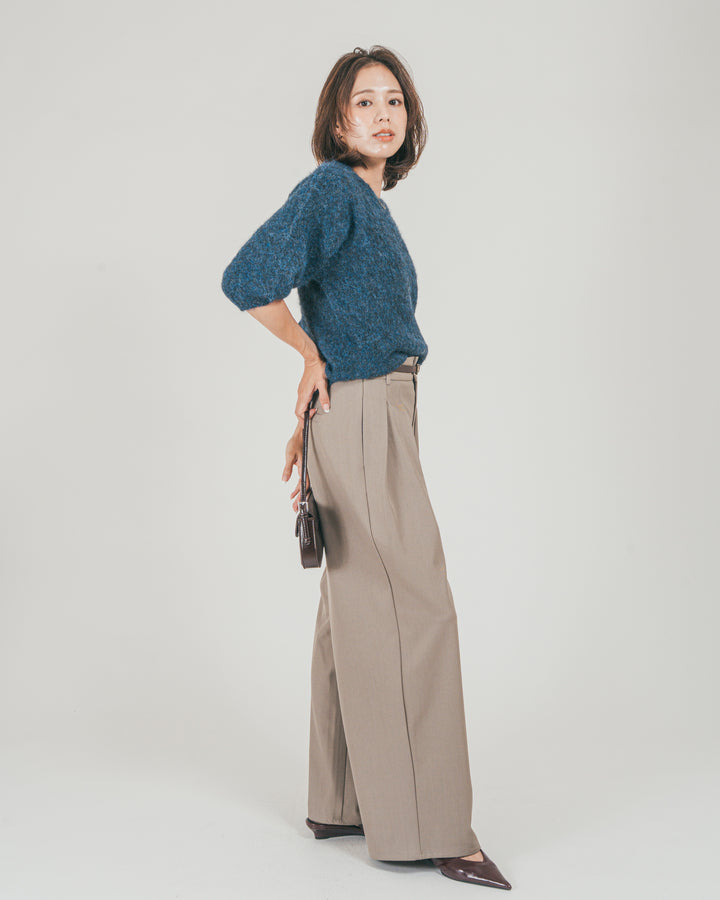 ［SET］フェザータッチハーフスリーブニット + ダブルタック ハイウエストワイドパンツ（2SET）