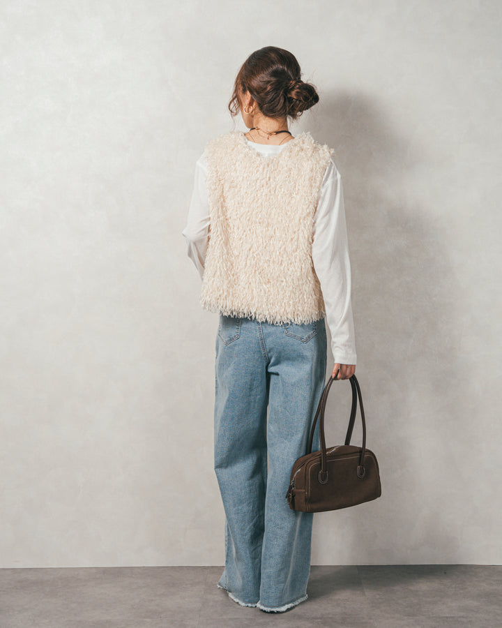 ［SET］2-Way フリンジベスト+スラブシアークルーネックT+センターシーム リラックスカラーデニム（3SET）