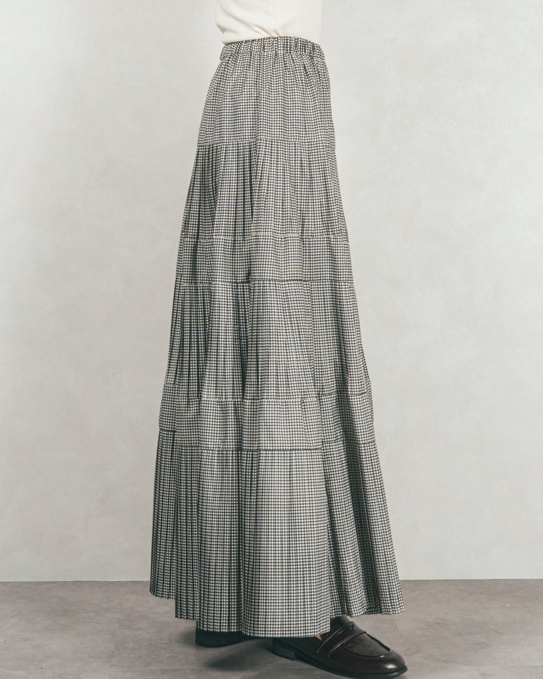 ［SET］Smoothニットソー Vネックプルオーバー+プリーツティアードLongスカート