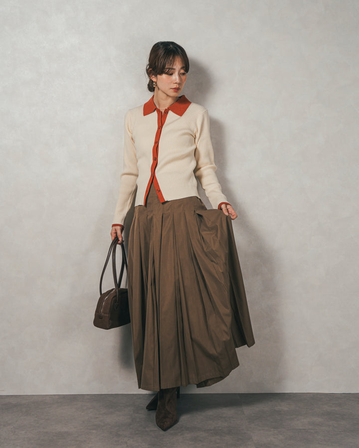 ［SET］バイカラー襟付きニットトップス+W-Tuckプリーツロングスカート（2SET）