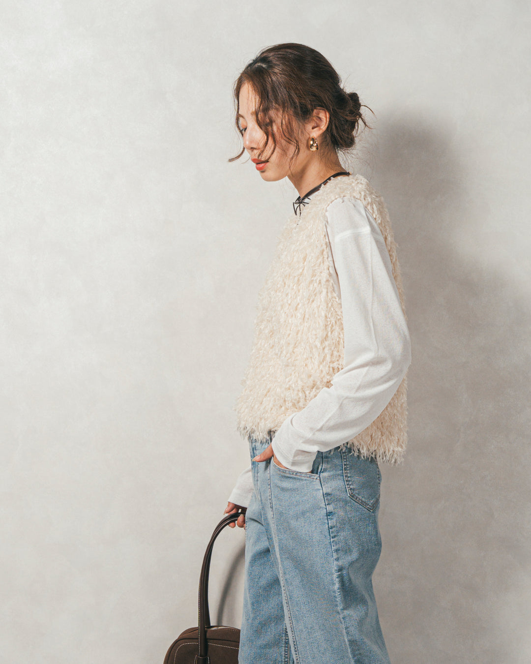 ［SET］2-Way フリンジベスト+スラブシアークルーネックT+センターシーム リラックスカラーデニム（3SET）