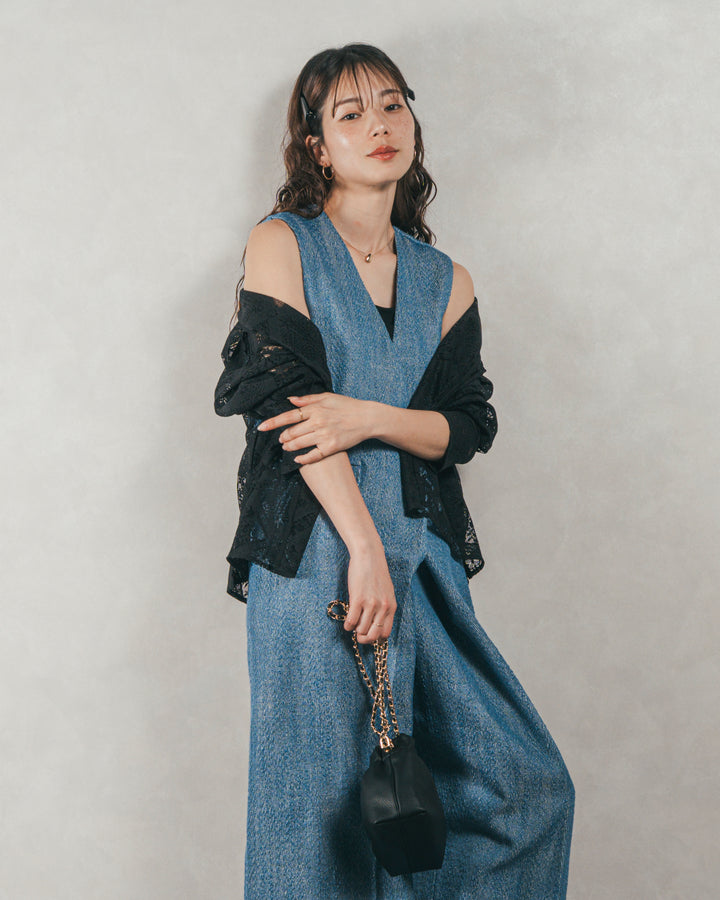 ［SET］デニムライク へリンボーンサロペット + Blockレース　フーディーブラウス（2SET）