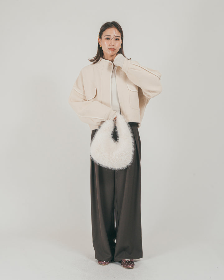 ［SET］Softショートニットブルゾン + ダブルタック ハイウエストワイドパンツ（2SET）