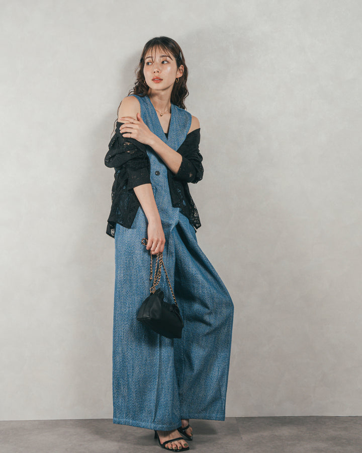 ［SET］デニムライク へリンボーンサロペット + Blockレース　フーディーブラウス（2SET）