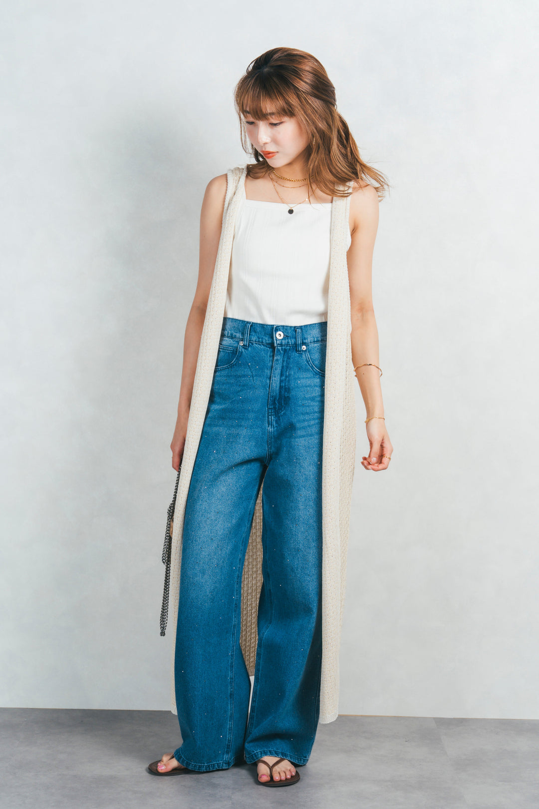 ［SET］Multi-Way ロングジレ＋ラインストーンストレートデニム（2SET）