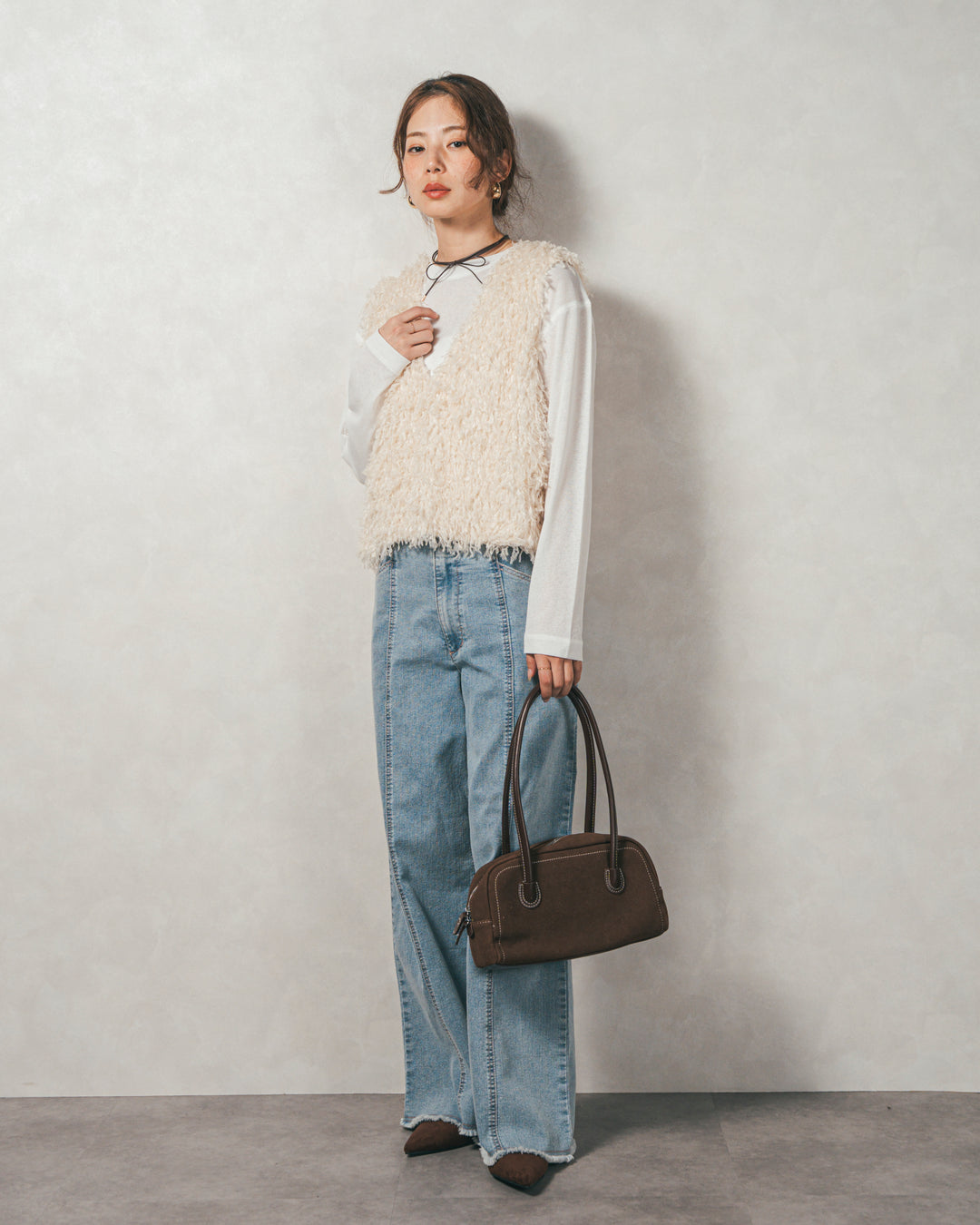 ［SET］2-Way フリンジベスト+スラブシアークルーネックT+センターシーム リラックスカラーデニム（3SET）