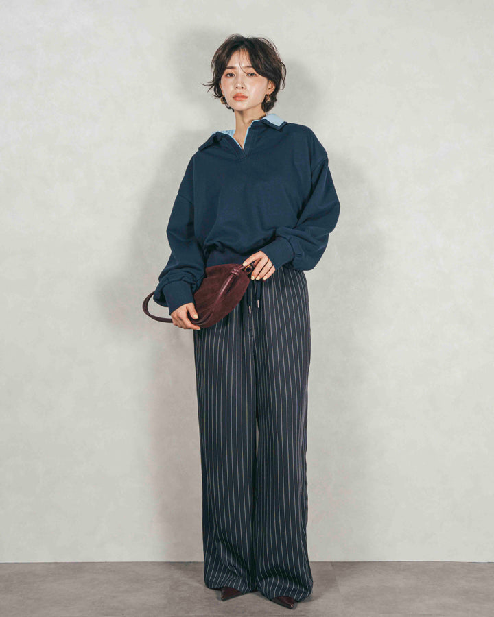 シャツ Layered クロップドスウェット (NAVY × BLUE）
