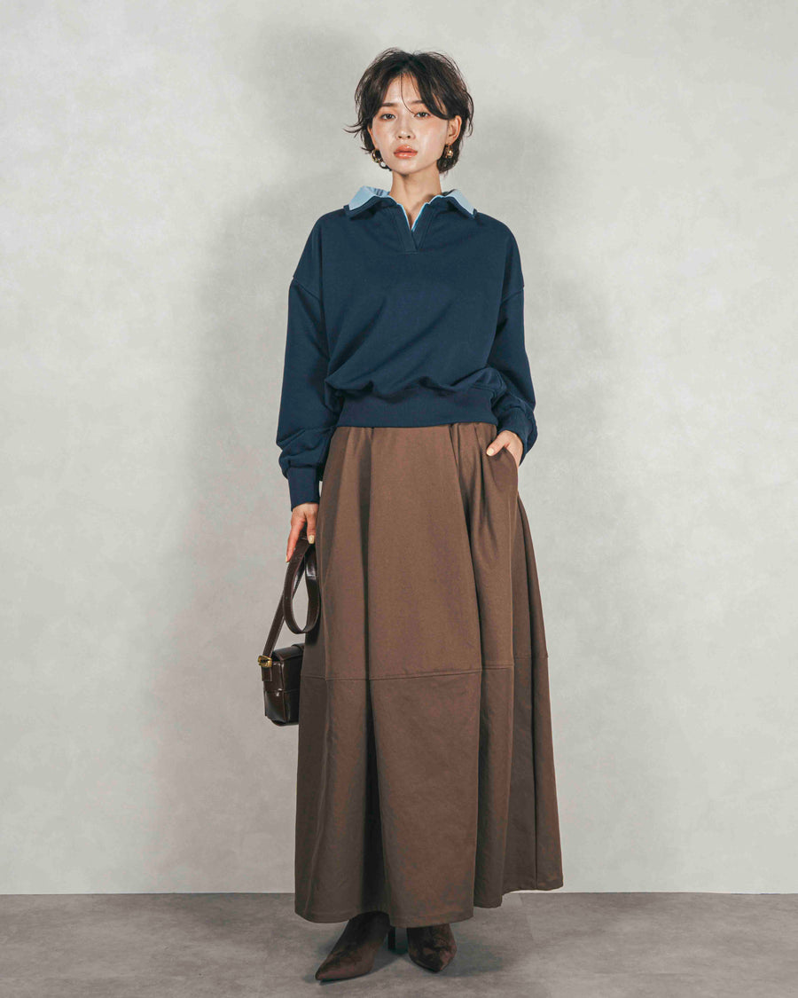 ［SET］シャツ Layered クロップドスウェット+コクーンシルエットロングスカート（2SET）