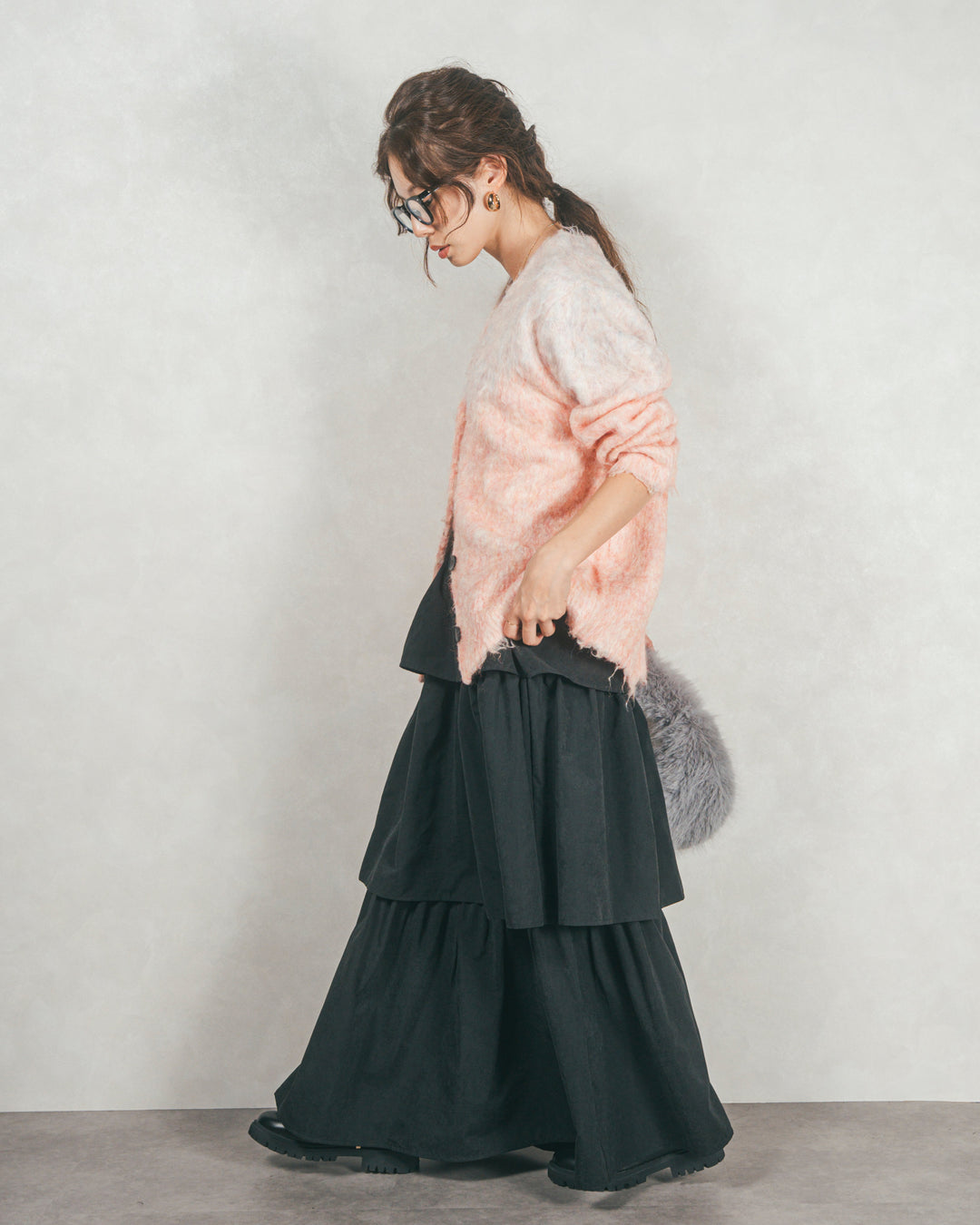 ［SET］Airyフェザー ニットカーディガン+Flareティアードロングスカート（2SET）