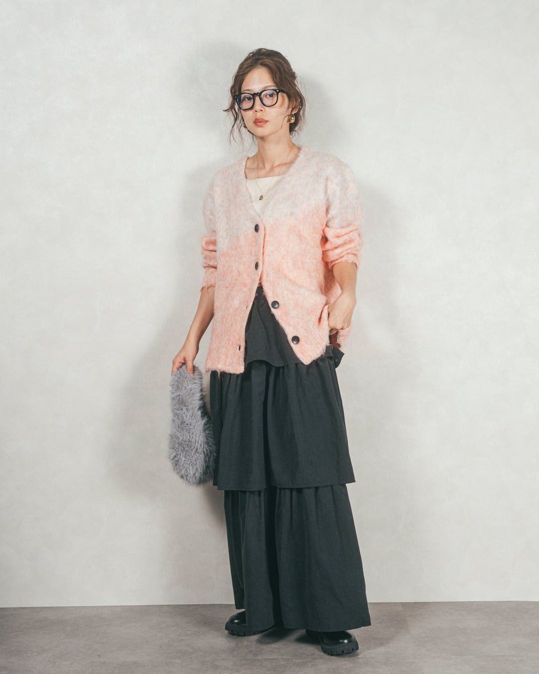 ［SET］Airyフェザー ニットカーディガン+Flareティアードロングスカート（2SET）