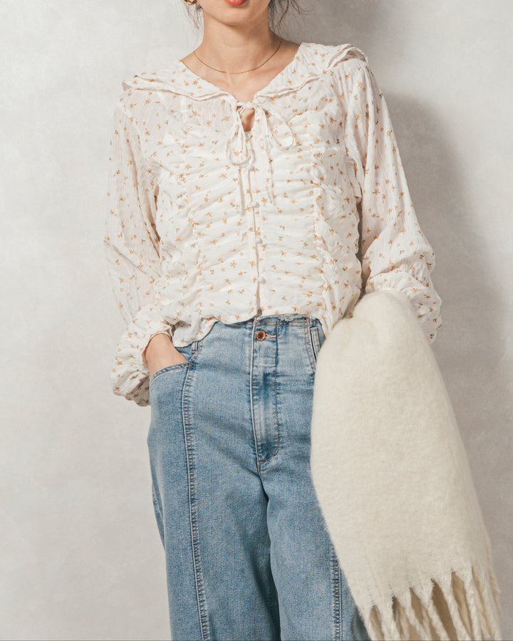 ［SET］Flowerプリントフリルブラウス+センターシーム リラックスカラーデニム（2SET）