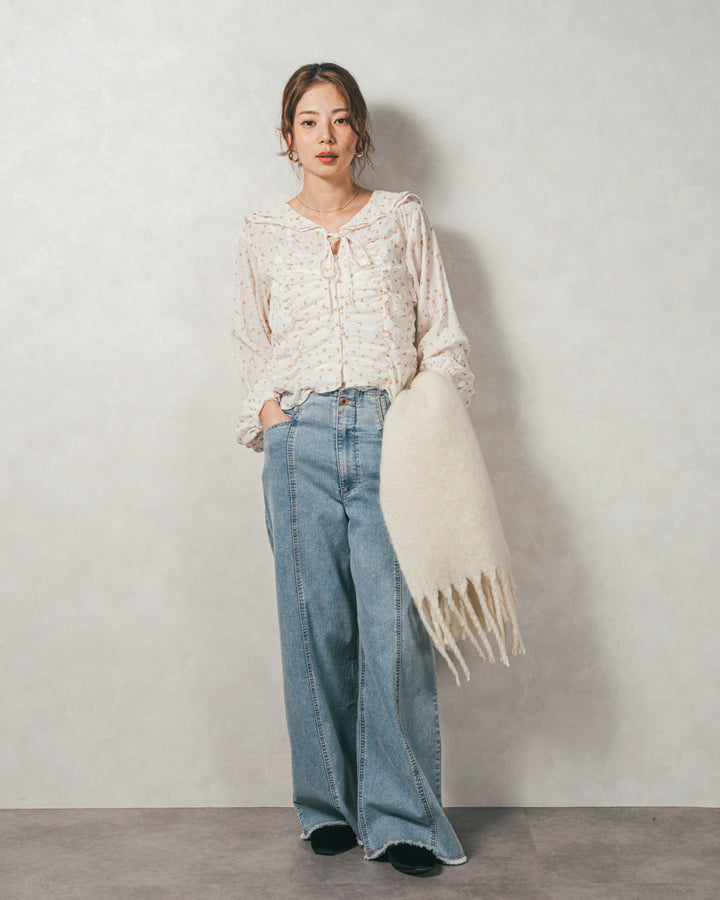 ［SET］Flowerプリントフリルブラウス+センターシーム リラックスカラーデニム（2SET）