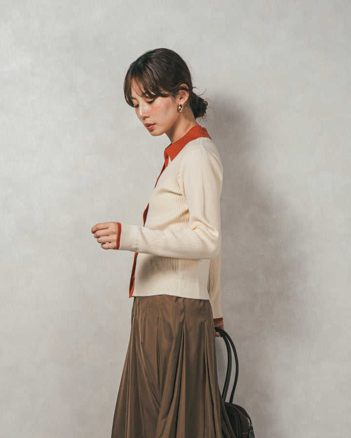 ［SET］バイカラー襟付きニットトップス+W-Tuckプリーツロングスカート（2SET）