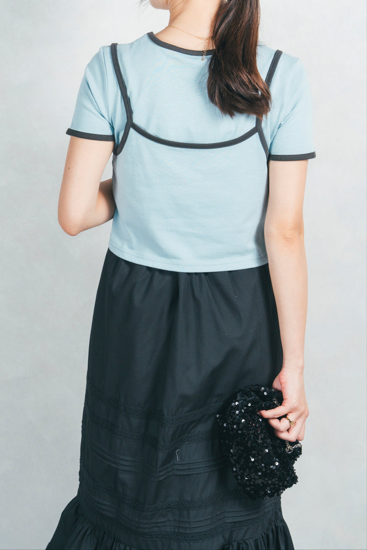 ［SET］キャミ付きリンガーTシャツ+T/C ティアードスカート（2SET）