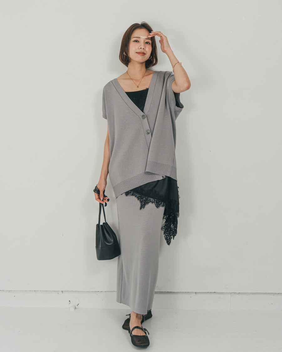 ［SET］VネックRelaxニットベスト + Relax Knit ストレートスカート（2SET）