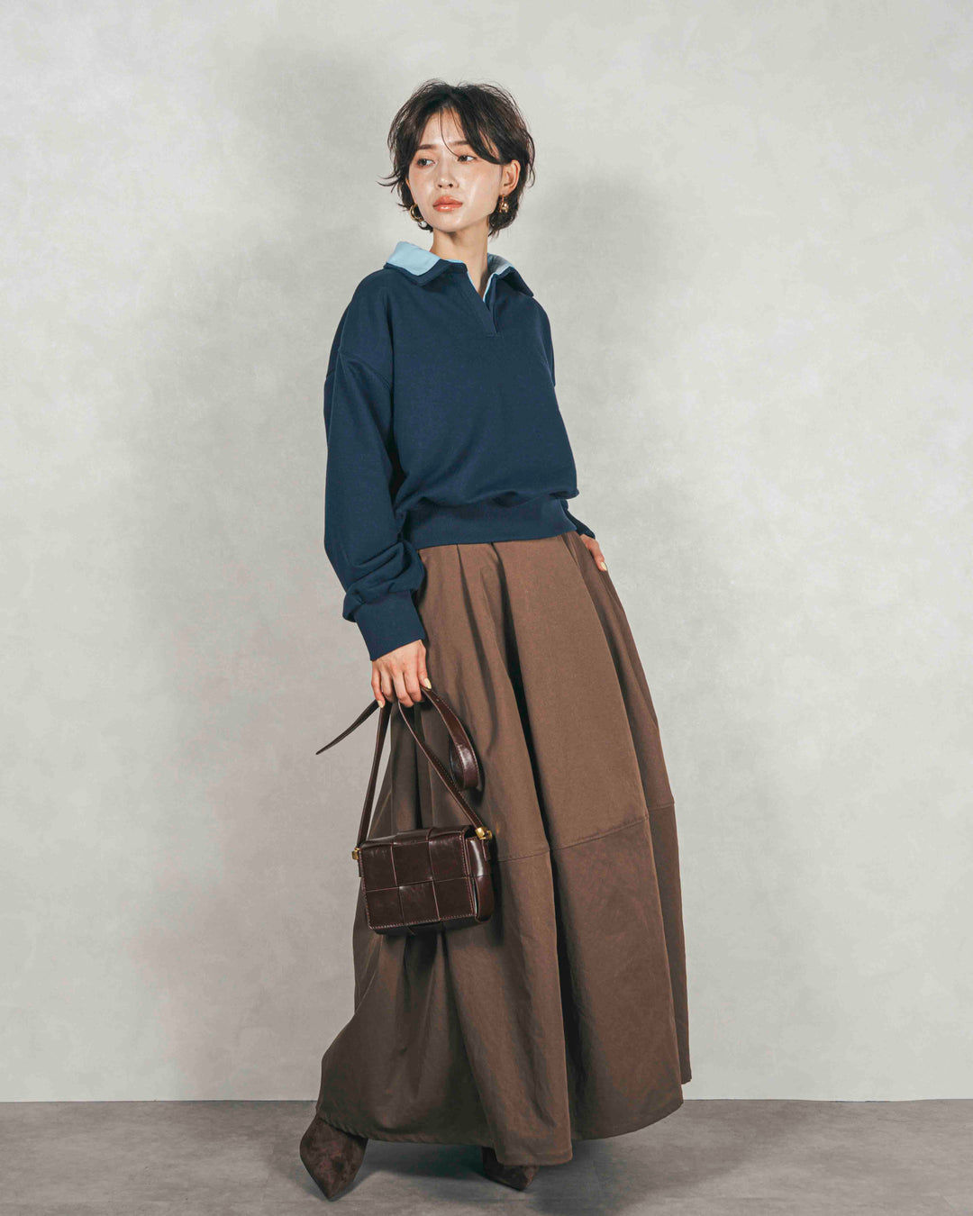 ［SET］シャツ Layered クロップドスウェット+コクーンシルエットロングスカート（2SET）