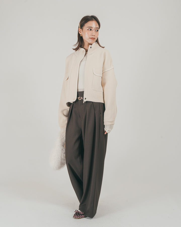 ［SET］Softショートニットブルゾン + ダブルタック ハイウエストワイドパンツ（2SET）