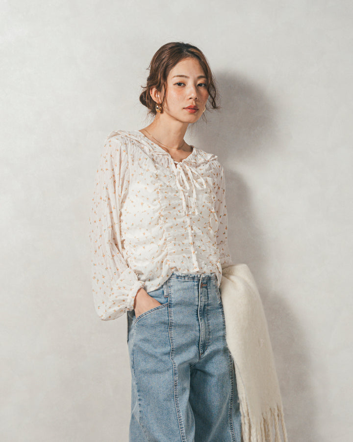 ［SET］Flowerプリントフリルブラウス+センターシーム リラックスカラーデニム（2SET）