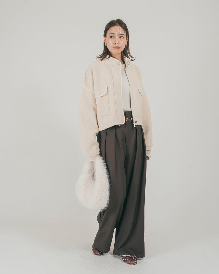 ［SET］Softショートニットブルゾン + ダブルタック ハイウエストワイドパンツ（2SET）