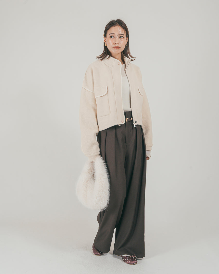 ［SET］Softショートニットブルゾン + ダブルタック ハイウエストワイドパンツ（2SET）