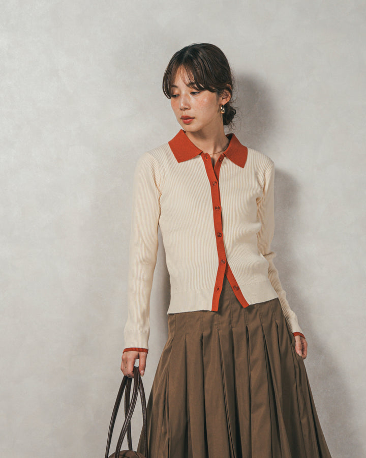 ［SET］バイカラー襟付きニットトップス+W-Tuckプリーツロングスカート（2SET）