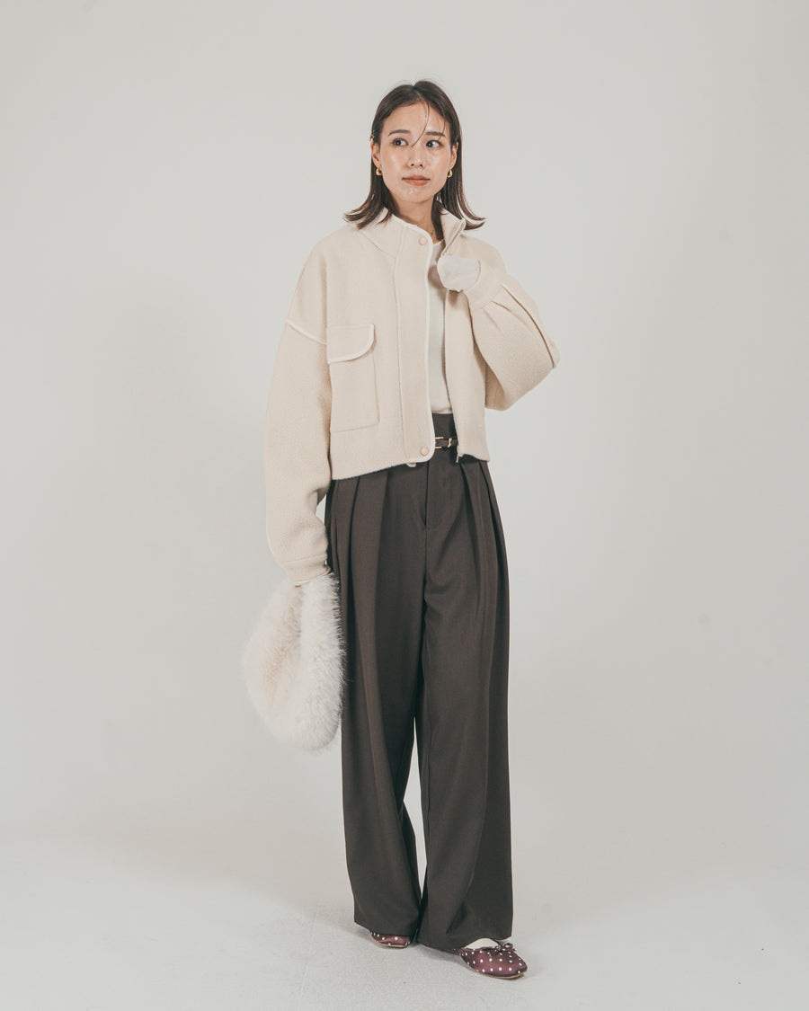 ［SET］Softショートニットブルゾン + ダブルタック ハイウエストワイドパンツ（2SET）