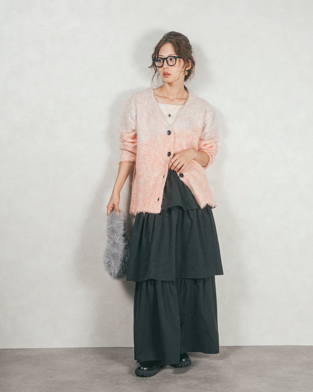 ［SET］Airyフェザー ニットカーディガン+Flareティアードロングスカート（2SET）