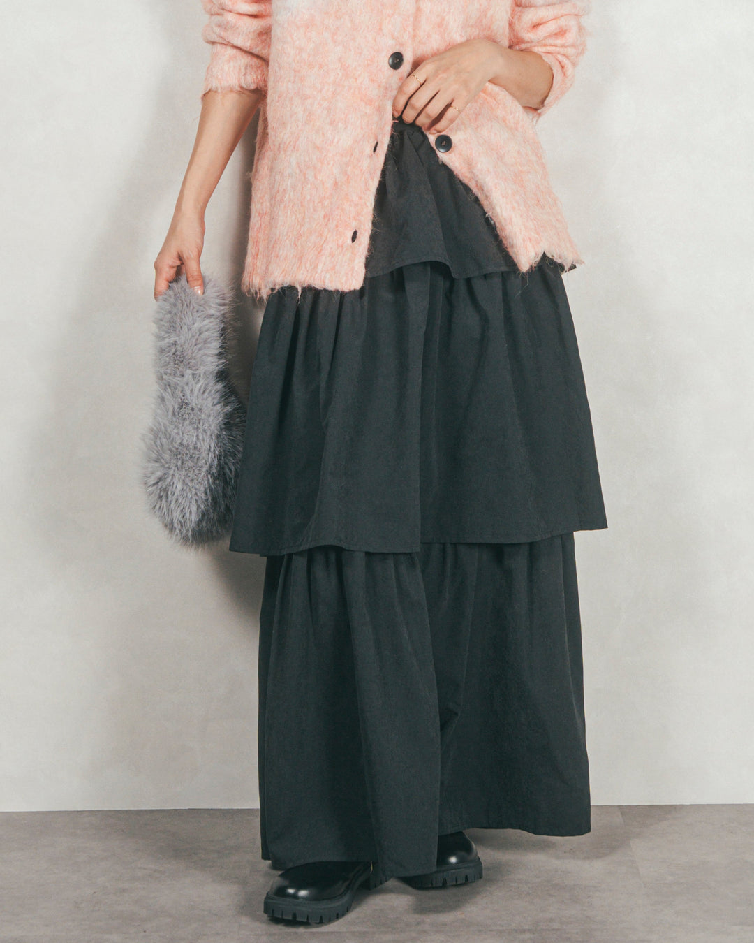 Flareティアードロングスカート (BLACK)