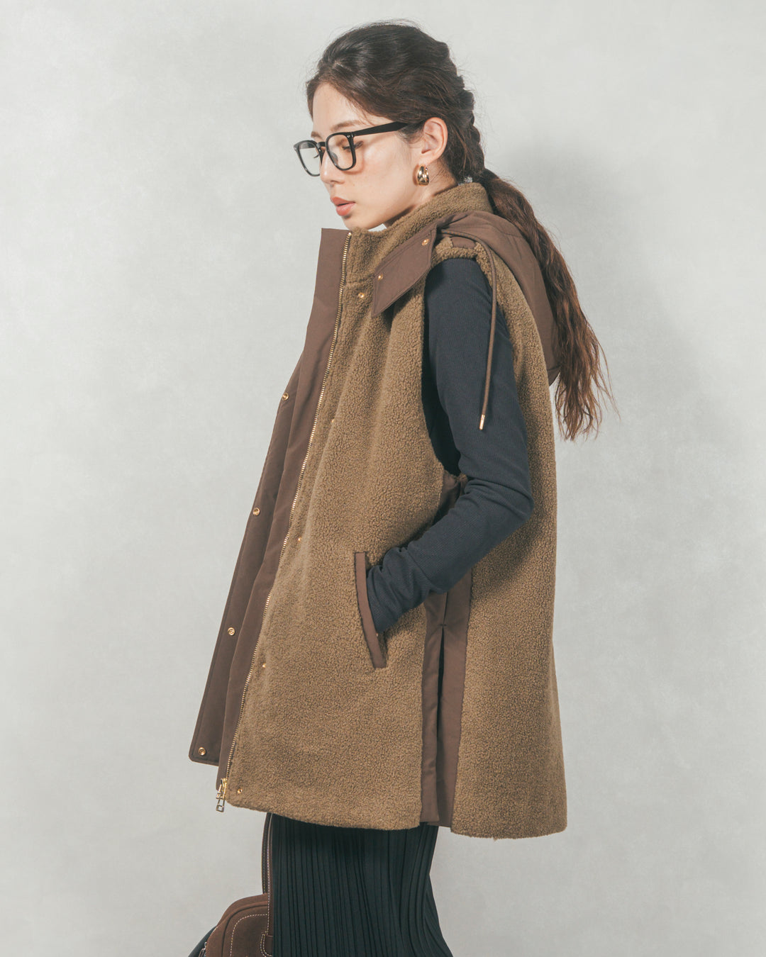 ［SET］ボアxナイロン フーディーベスト+プリーツNarrowロングスカート（2SET）