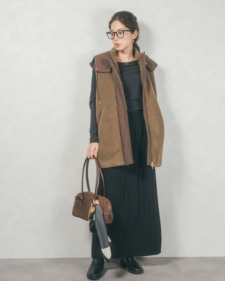 ［SET］ボアxナイロン フーディーベスト+プリーツNarrowロングスカート（2SET）