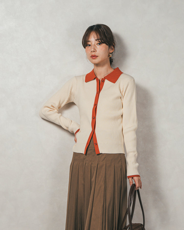 ［SET］バイカラー襟付きニットトップス+W-Tuckプリーツロングスカート（2SET）