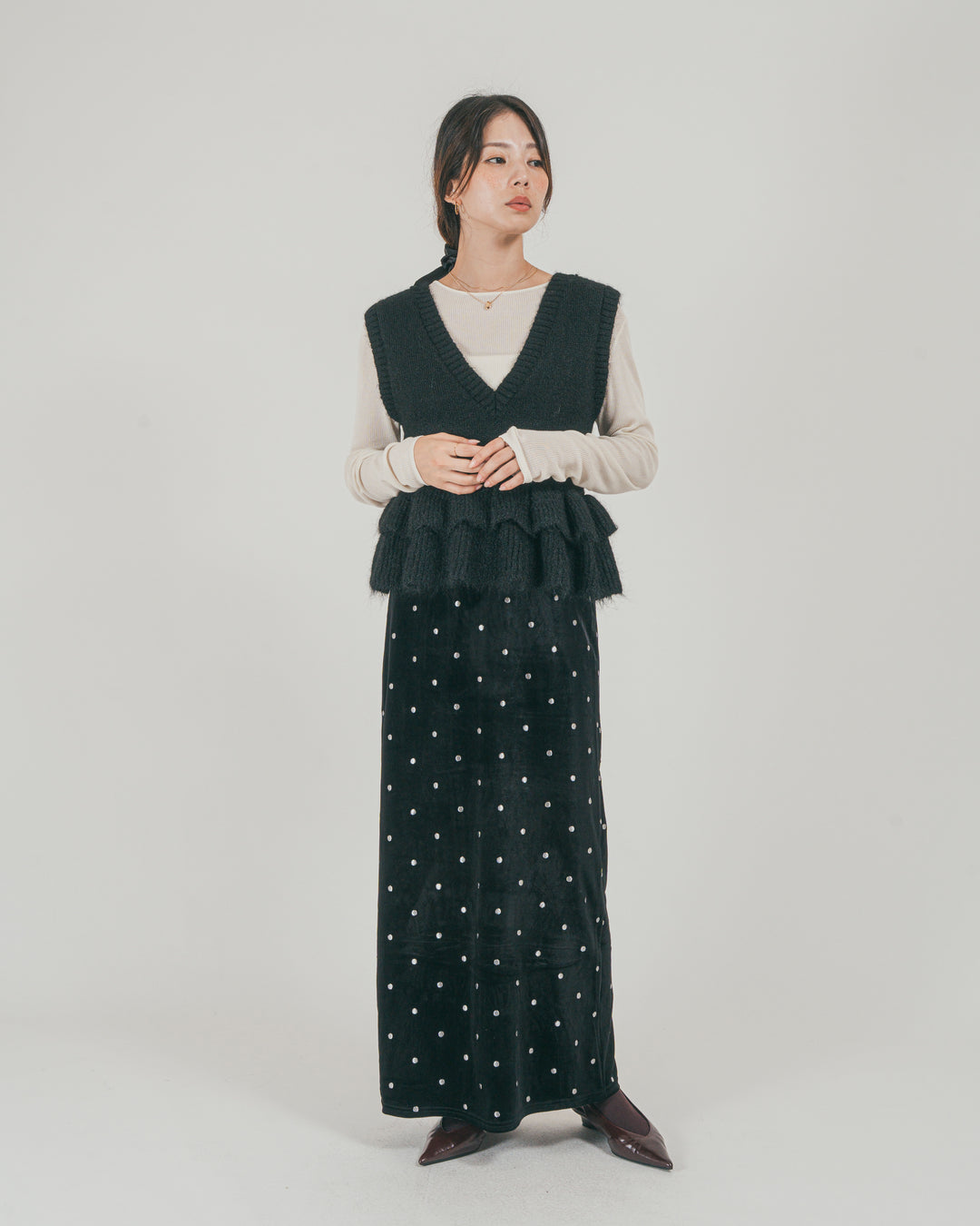 ［SET］2Way モヘアダブルFrillベスト + Dot ベロアスカート（2SET）