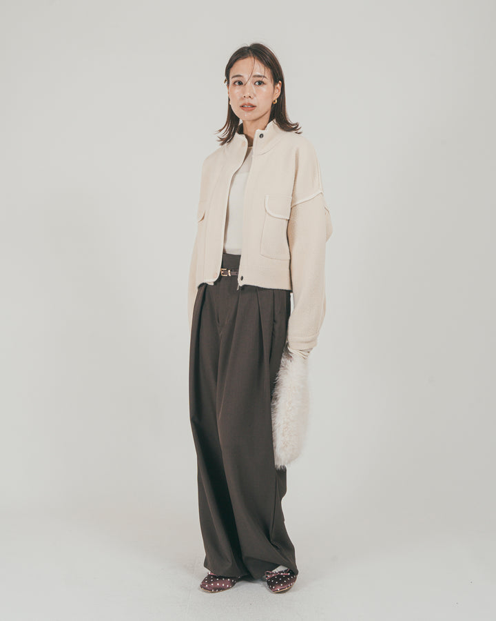 ［SET］Softショートニットブルゾン + ダブルタック ハイウエストワイドパンツ（2SET）