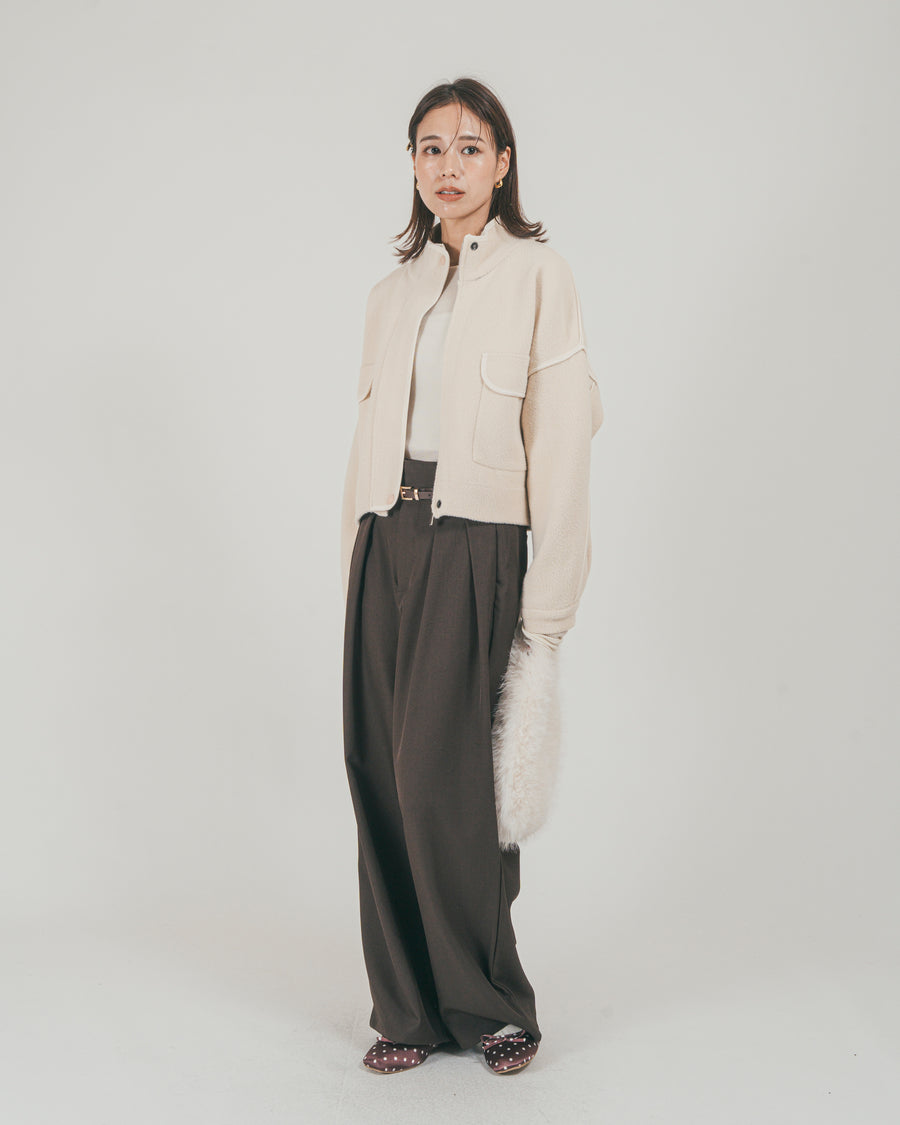 ［SET］Softショートニットブルゾン + ダブルタック ハイウエストワイドパンツ（2SET）