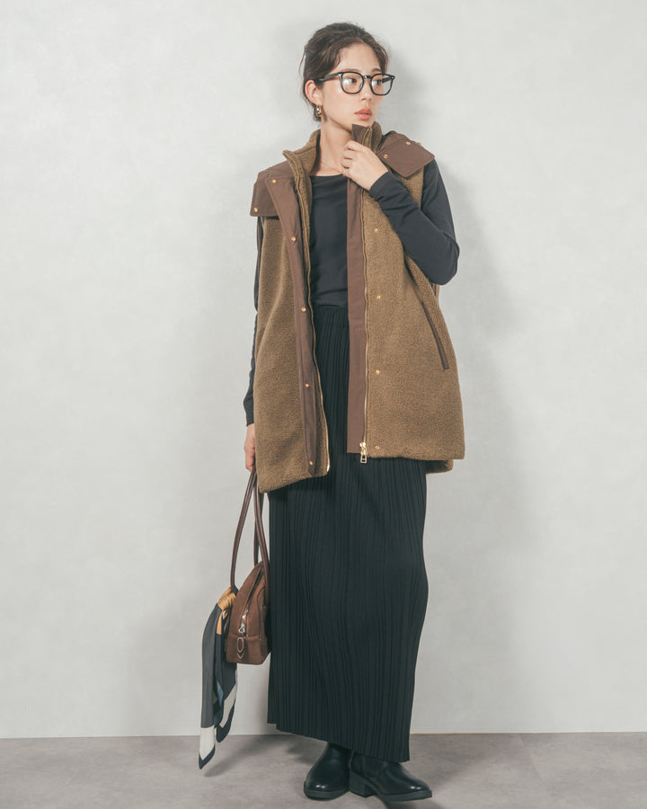 ［SET］ボアxナイロン フーディーベスト+プリーツNarrowロングスカート（2SET）