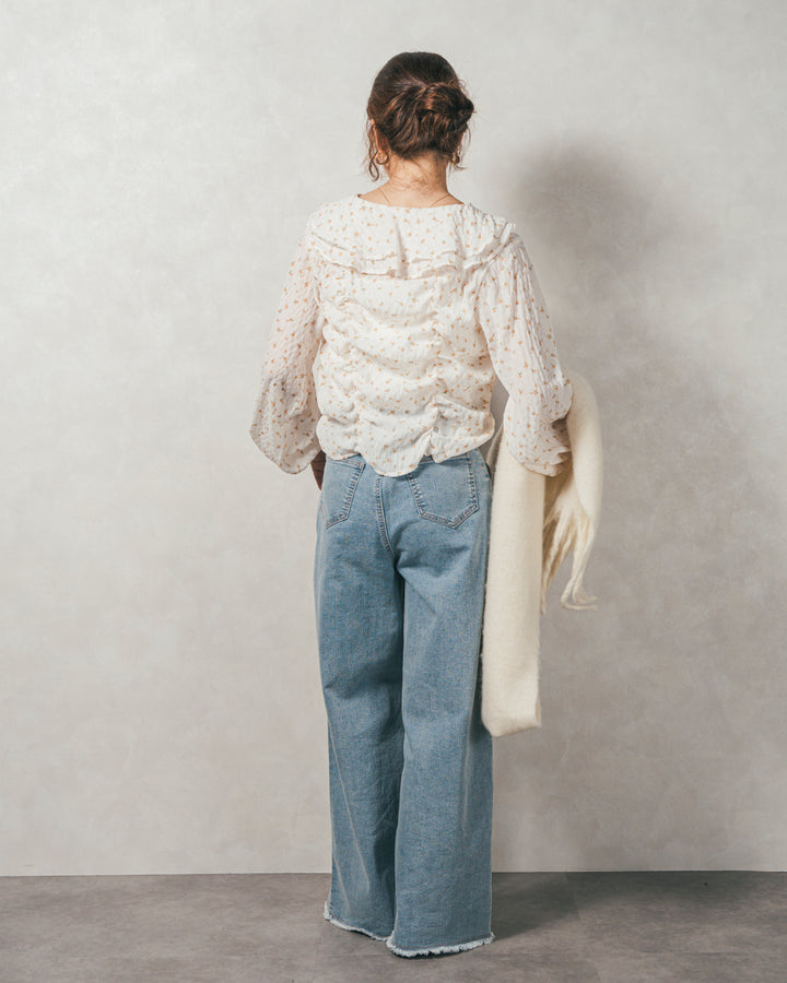 ［SET］Flowerプリントフリルブラウス+センターシーム リラックスカラーデニム（2SET）