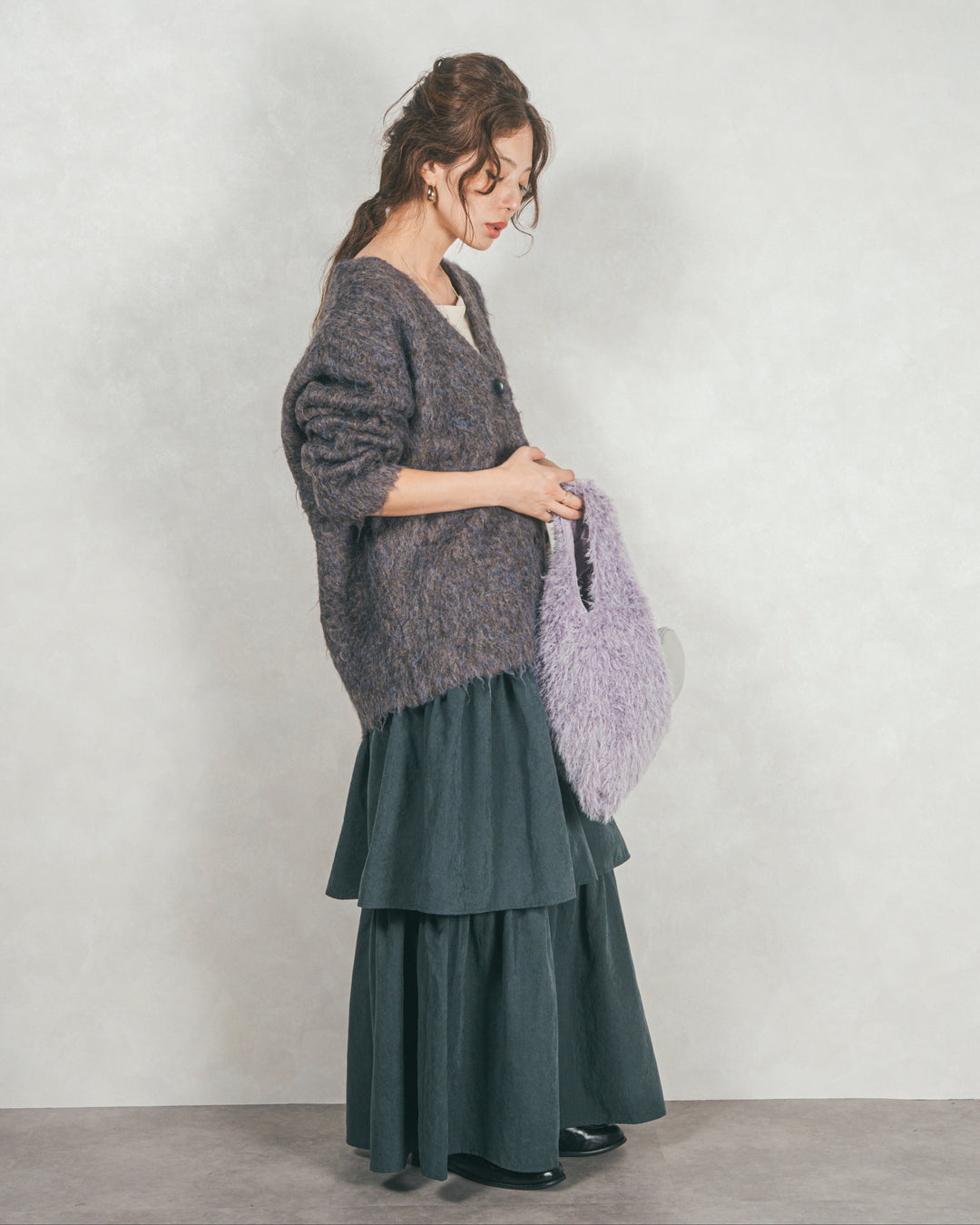 ［SET］Airyフェザー ニットカーディガン+Flareティアードロングスカート（2SET）