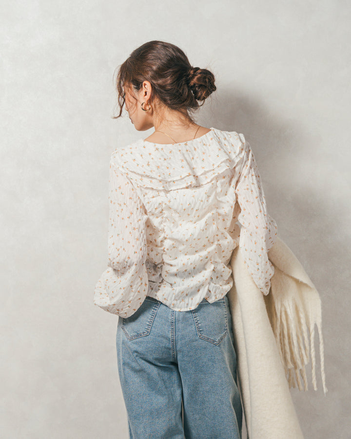 ［SET］Flowerプリントフリルブラウス+センターシーム リラックスカラーデニム（2SET）