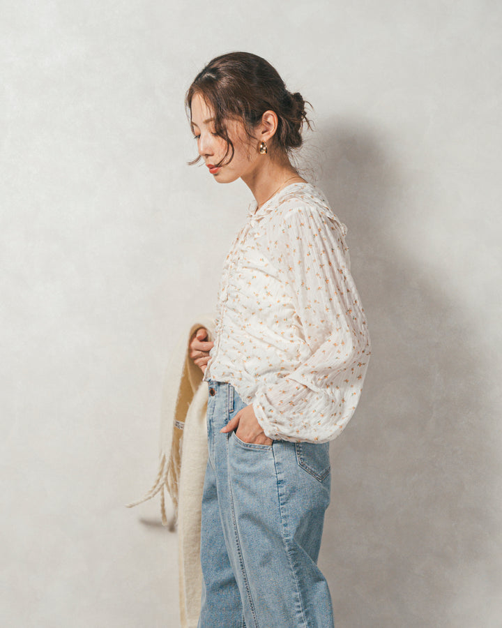 ［SET］Flowerプリントフリルブラウス+センターシーム リラックスカラーデニム（2SET）