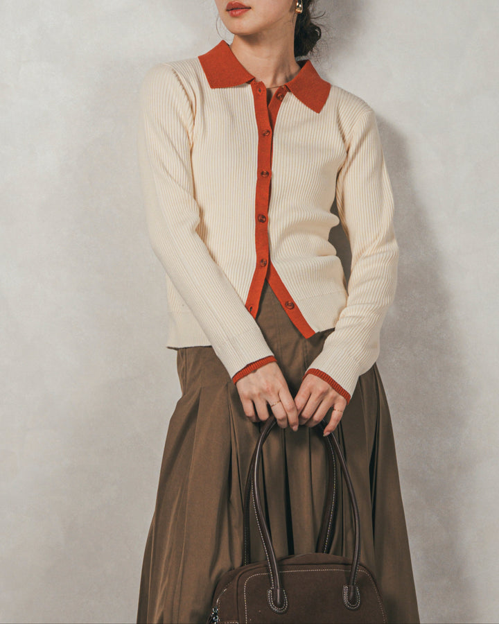 ［SET］バイカラー襟付きニットトップス+W-Tuckプリーツロングスカート（2SET）