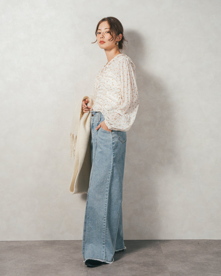 ［SET］Flowerプリントフリルブラウス+センターシーム リラックスカラーデニム（2SET）