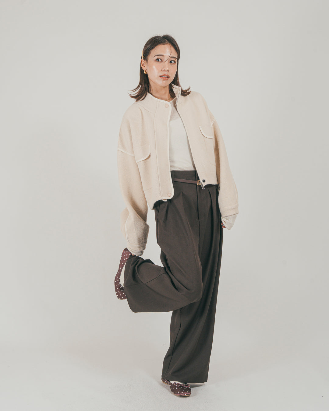 ［SET］Softショートニットブルゾン + ダブルタック ハイウエストワイドパンツ（2SET）