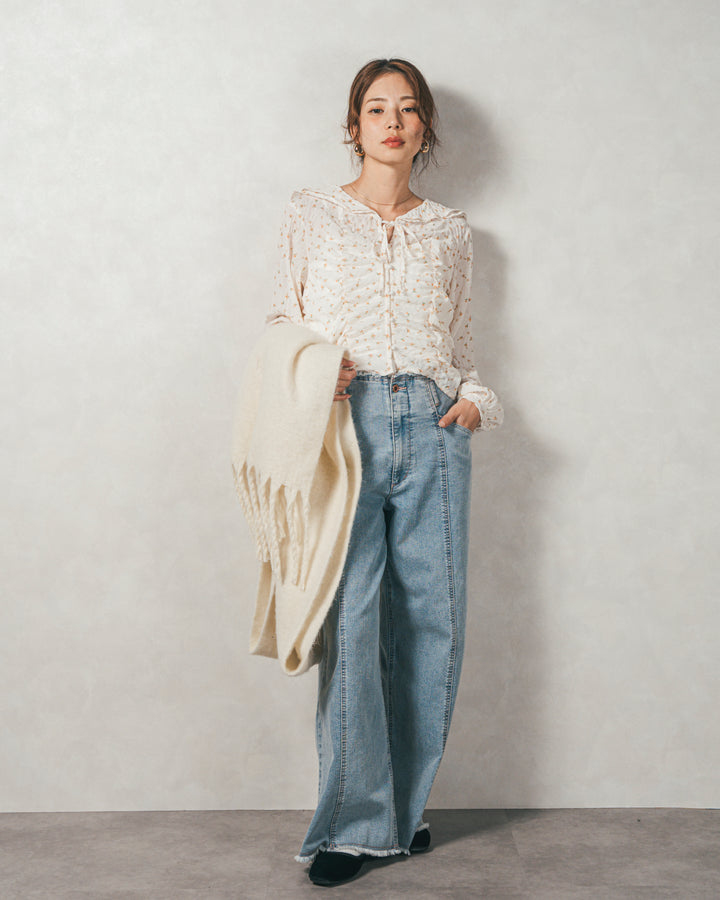 ［SET］Flowerプリントフリルブラウス+センターシーム リラックスカラーデニム（2SET）