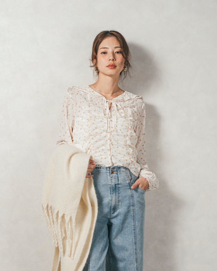 ［SET］Flowerプリントフリルブラウス+センターシーム リラックスカラーデニム（2SET）