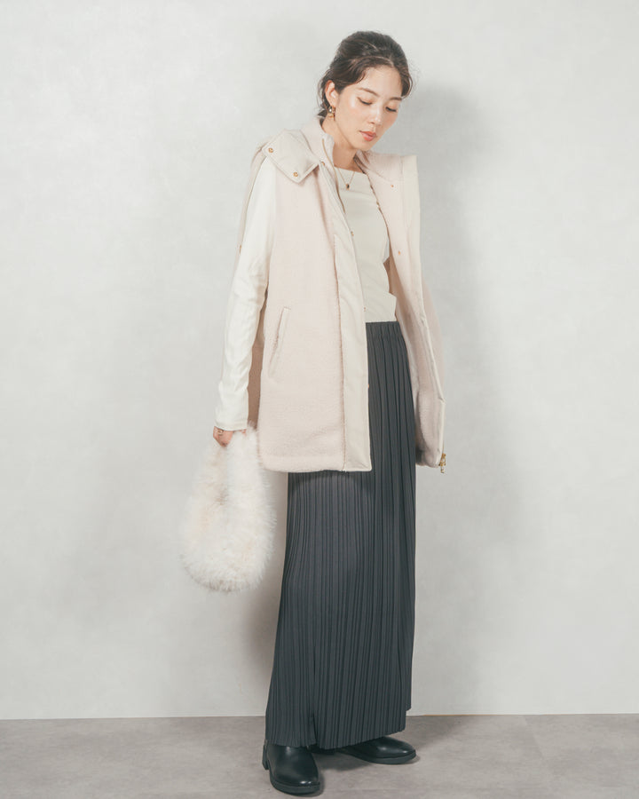 ［SET］ボアxナイロン フーディーベスト+プリーツNarrowロングスカート（2SET）