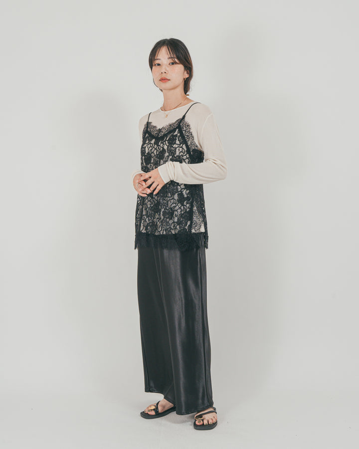 ［SET］ラッセルレース キャミ + ボートネックSheerリブニット + サテンNarrowスカート（3SET）