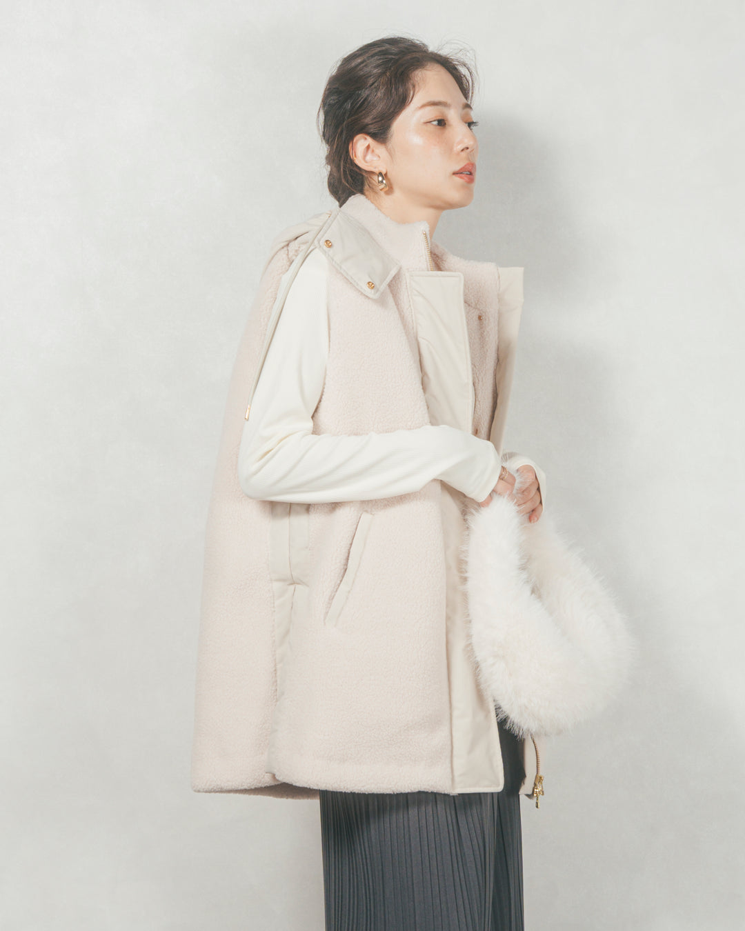 ［SET］ボアxナイロン フーディーベスト+プリーツNarrowロングスカート（2SET）