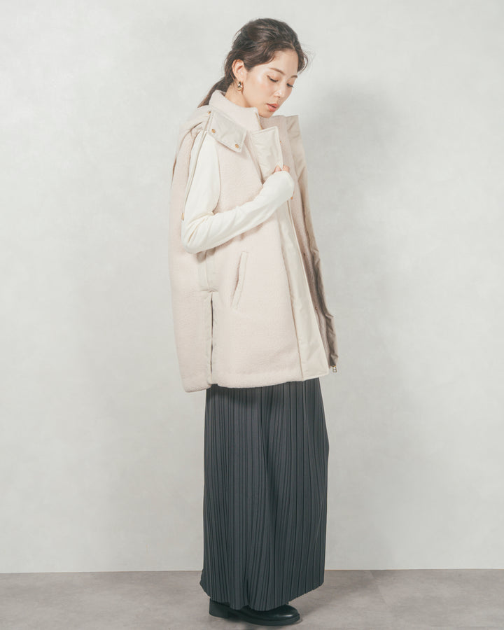 ［SET］ボアxナイロン フーディーベスト+プリーツNarrowロングスカート（2SET）